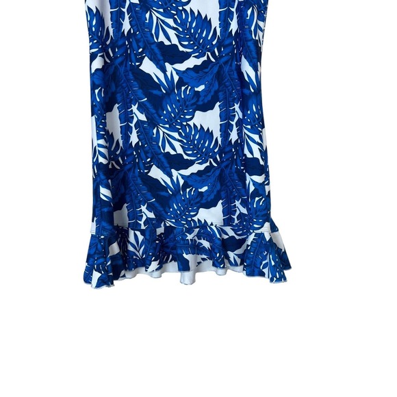 Tina + Jenna Leaf Print Dress XXS Ruffle Hem Sleeveless Blue White Vneck Mini - Picture 6 of 9
